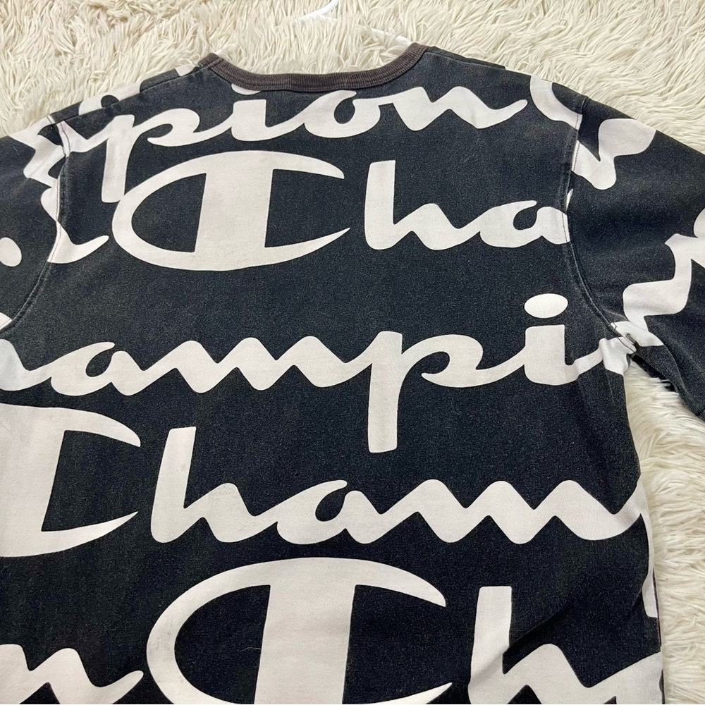 Size L Vintage Champion T-Shirt Vintage 90s All Over Print‎ Black Distressed Y2K - Picture 12 of 15